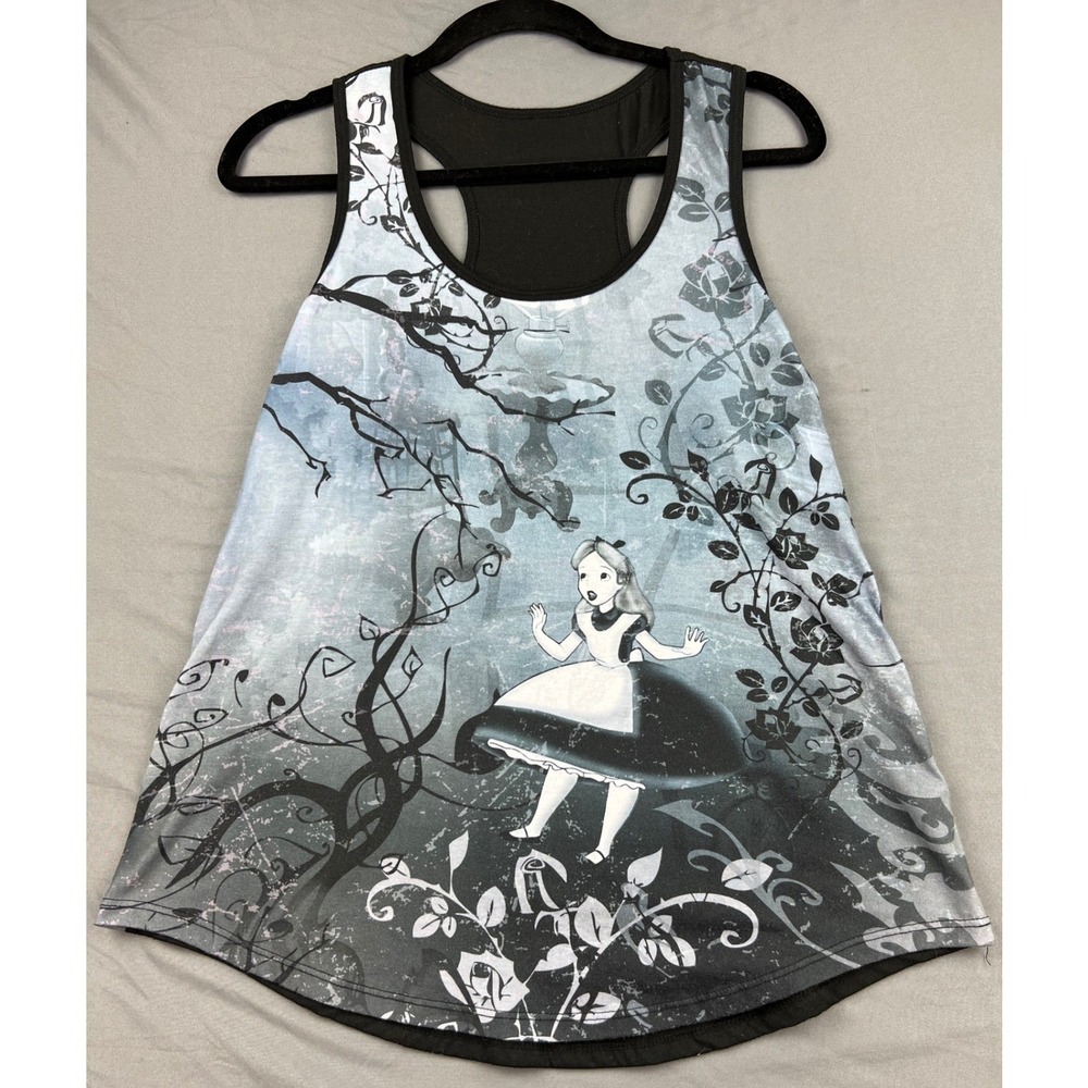 Disney Alice in Wonderland Tank Top Womens L Racerback Black Blue Graphic Good